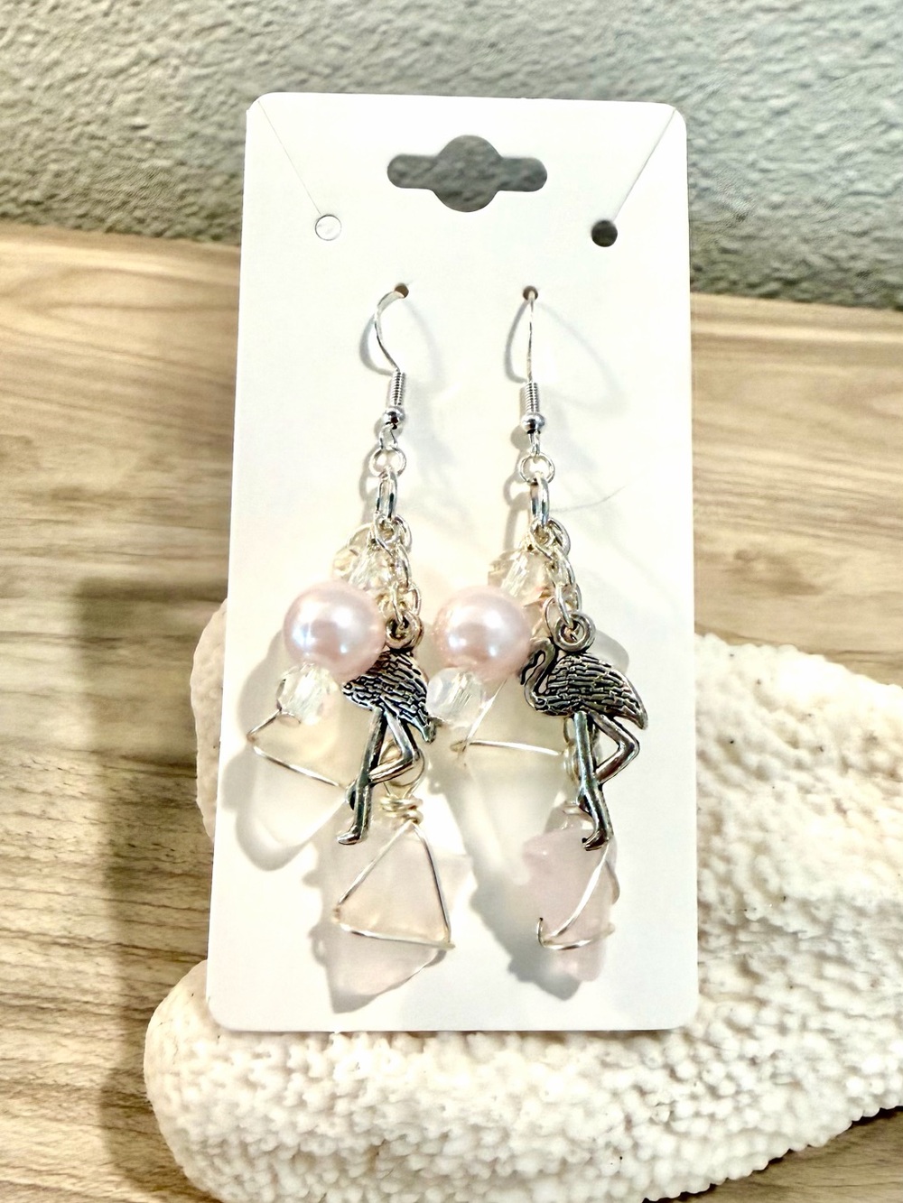 1. Silver Flamingo sea glass Earrings with Pink Pearls